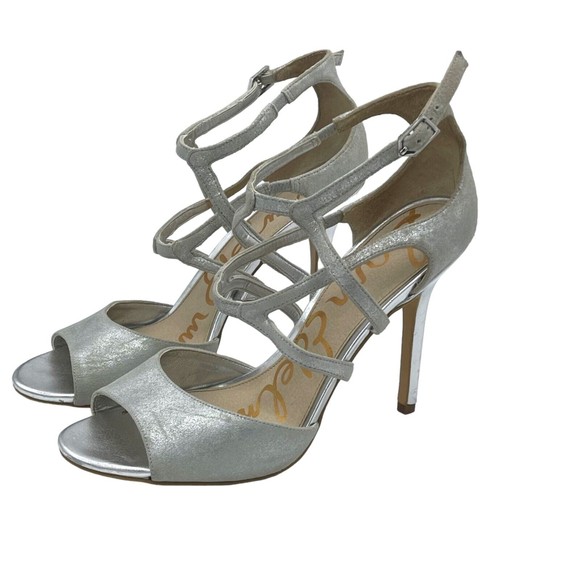 Sam Edelman Aeryn Leather Sandal Silver Strappy Stiletto  Heels Women Size 9 - Picture 4 of 15